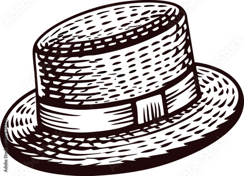 Hand drawn straw boater hat isolated on white background vintage engraved fashion accessory illustration