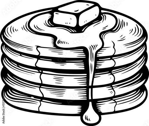 Hand drawn stack of pancakes with butter and syrup in vintage black and white engraving illustration