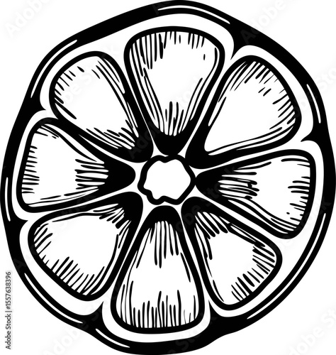 Hand drawn citrus fruit slice engraving vintage detailed cross section illustration in black and white