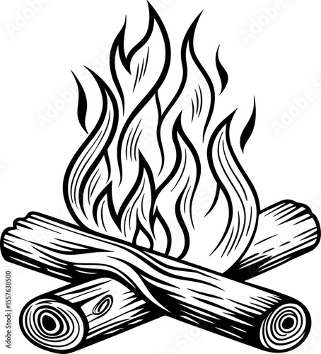 Hand drawn illustration of blazing campfire with burning logs and stylized flames in vintage engraving