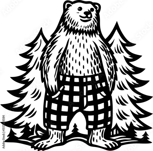 Smiling bear in plaid pants standing among stylized pine trees, black and white hand drawn illustration