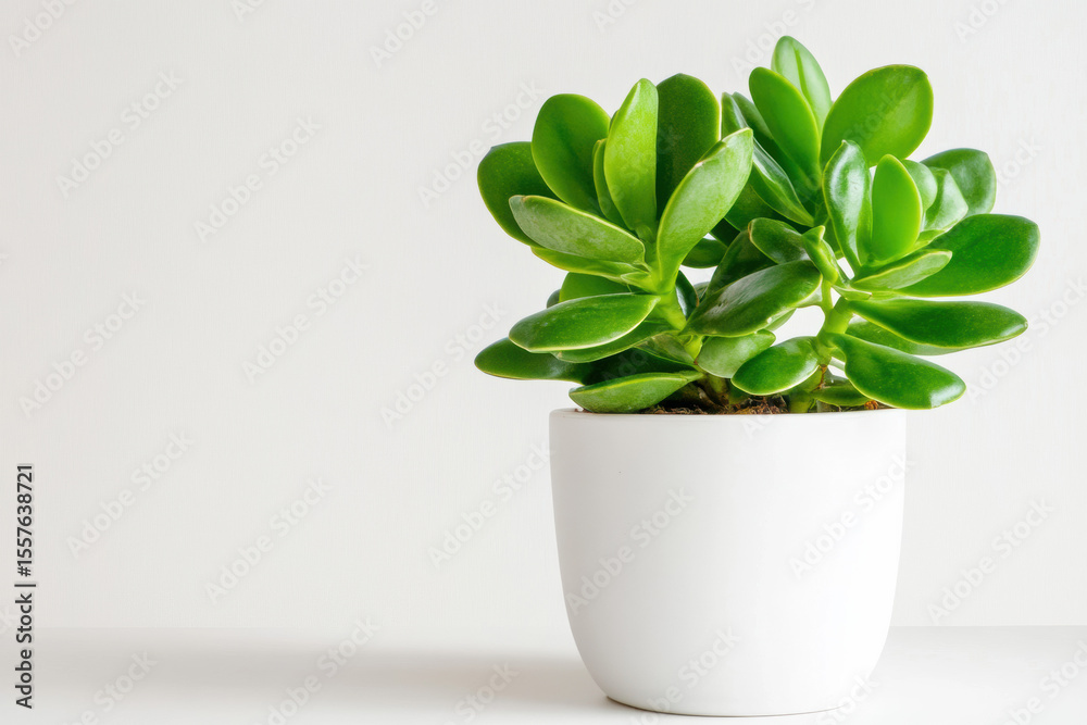Fototapeta premium Potted jade plant with thick green leaves in a simple white ceramic pot, placed against a plain white background. 