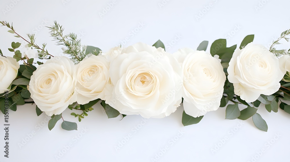 Obraz premium Elegant White Rose and Greenery Border Floral Arrangement