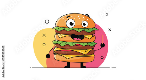 Delicious Double Decker Cheeseburger Character Holding a Fork Ready to Eat