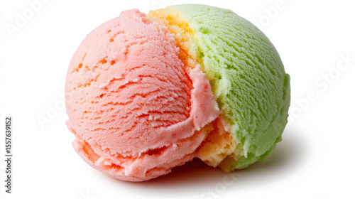Rainbow sherbet scoop with a vibrant mix of orange, pink, and green colors, isolated on a transparent background. 