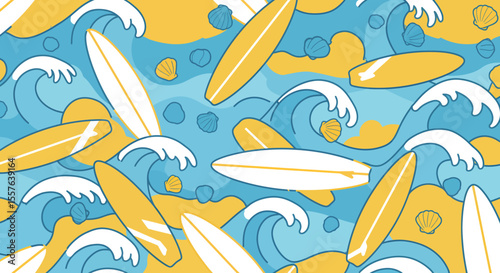 Surfboards Waves and Shells A Vibrant Beach Pattern with Golden Sand.