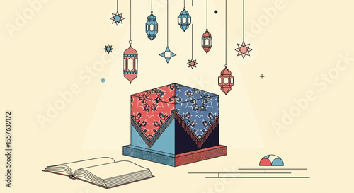 Islamic Holy Kaaba structure and lanterns with book and star decorations
