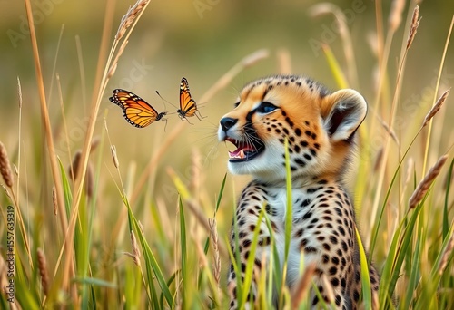Cheetah cub in tall grass, smiling, playfully batting at butterfly,  mammal,  action