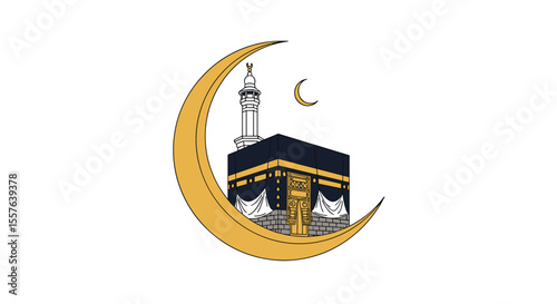Illustrative Islamic Cultural Symbol Featuring the Kaaba Crescent Moon and a Minaret