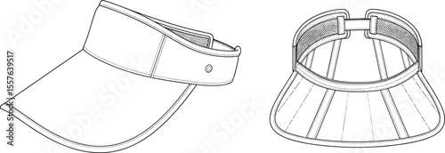  Sports Visor Sun Hat Cap Flat Fashion Sketch Technical Drawing Apparel Design Template Front Side View and Back View White Background, cad drawing flat vector illustration