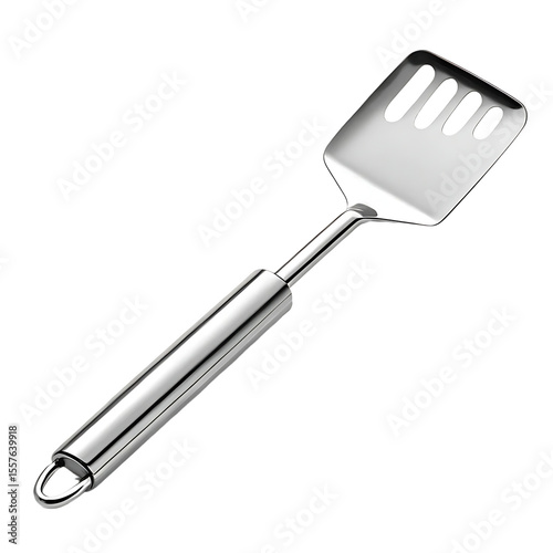 Shiny metal spatula with slotted head and hanging loop isolated on transparent background