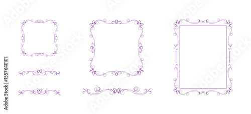 Hand drawn coquette frames and matching borders with bow ribbons. Ornate editable vignettes