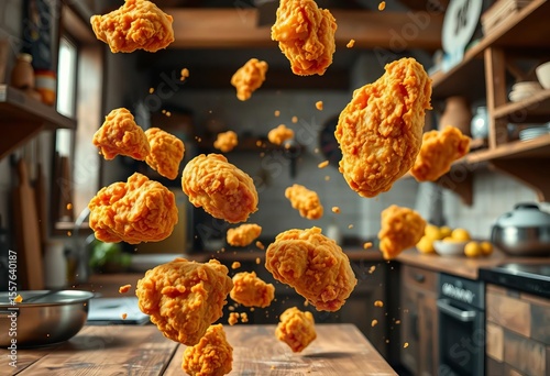 Golden-brown fried chicken pieces playfully airborne, escaping a rustic kitchen,  juicy,  preparation