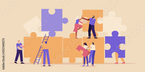 Diverse team collaborates to assemble large puzzle pieces symbolizing teamwork and success
