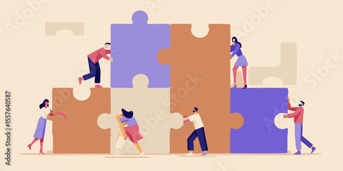 Diverse team of people working together to assemble a large jigsaw puzzle