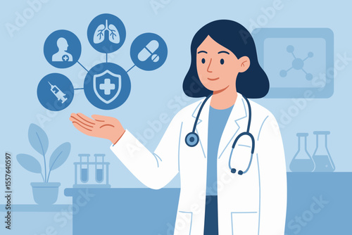 Female Doctor Presenting Future Medical Solutions Concept with Health Protection, Vaccination, Lungs, Pills, and Medical Care Icons in Modern Clinic Illustration