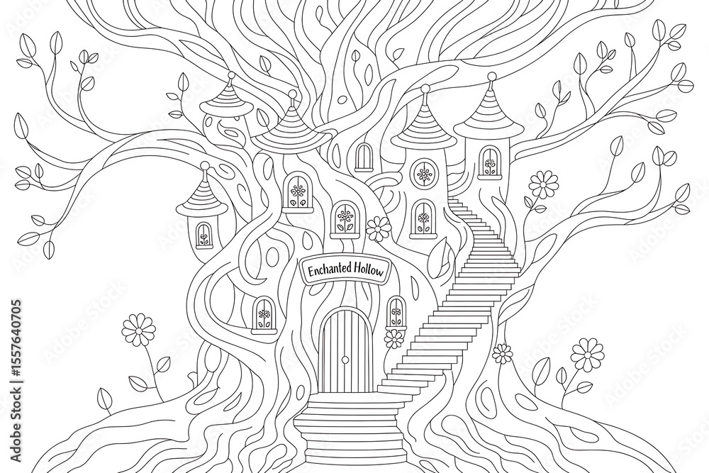 Obraz premium Enchanted treehouse nestled in a large, detailed tree.