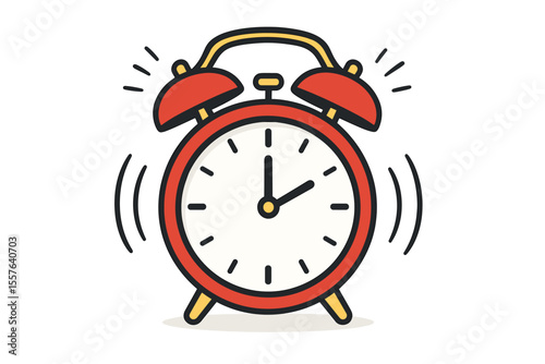 Vibrant Red Alarm Clock Ringing Icon. Wake Up Alert. Time Management, Punctuality, Deadline Reminder. Cartoon Vector Illustration. Morning Routine, Quick Reaction, Productivity Concept
