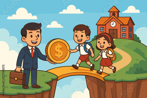 Businessman Donates Money for Education, Supporting Children’s Access to School, Bridging Financial Gap, Charity Funding, Educational Opportunity, Vector Cartoon Illustration, Kids Crossing Bridge