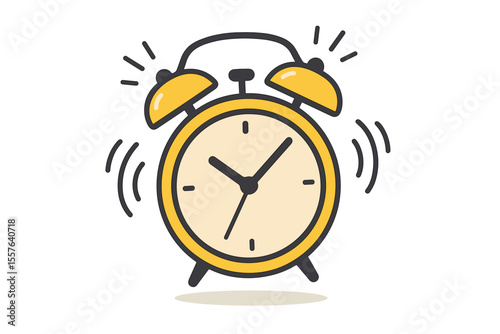 Vibrant ringing alarm clock vector illustration. Wake up time concept. Classic yellow alarm clock rings. Time management, morning routine, punctuality, quick reaction, productivity, deadline reminder.
