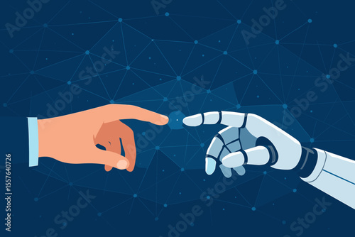 Human and Robot Hands Reaching Out, Touching Fingers on Digital Network Background. Artificial Intelligence, Machine Learning, Technology Innovation, Human-Machine Connection, Future Collaboration