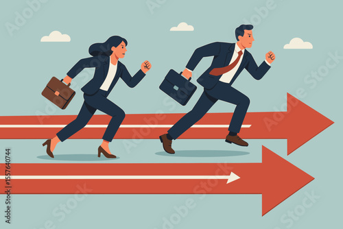 Business competition rivalry concept. Male and female businesspeople running race on arrows. Career success, sales increase, employee performance comparison, workplace contest, corporate challenge