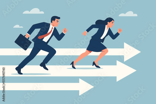 Business competition and rivalry concept. Businessman and businesswoman racing for sales growth, career success, leadership, performance comparison, workplace victory, professional achievement