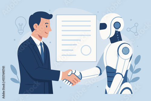 Business Partnership with Artificial Intelligence Robot, Handshake Agreement, Collaboration Contract, Human and AI Cooperation, Innovation, Technology Integration, Modern Flat Vector Illustration