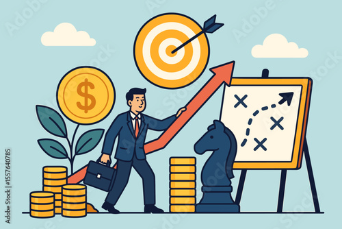 Business investment goals achievement strategy. Financial growth planning. Success target. Money management. Chess knight. Arrow up. Briefcase. Dollar coins. Roadmap. Vector illustration