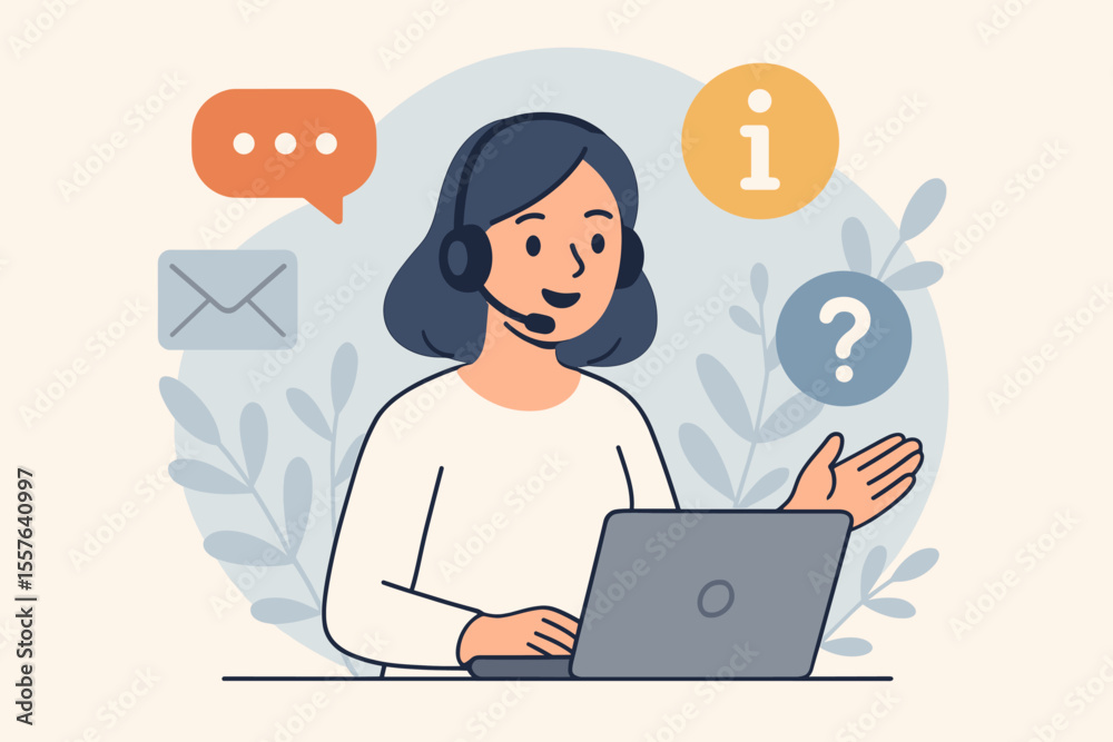Customer support representative at laptop with headset. Online live chat, email, information, help desk. Business customer service, client assistance, communication, info center, modern flat vector Customer support representative at laptop with headset. Online live chat, email, information, help desk. Business customer service, client assistance, communication, info center, modern flat vector