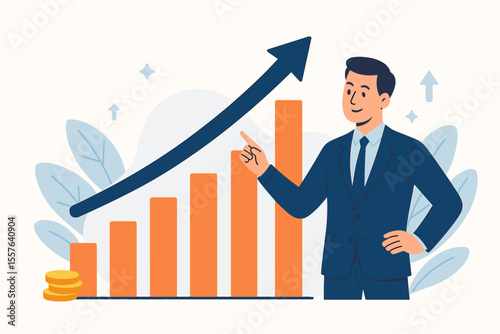 Businessman Presenting Company Growth, Increased Profits, Revenue Rise, Sales Improvement, Financial Success, Upward Bar Chart, Positive Report, Corporate Performance, Economic Progress Concept
