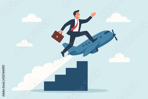 Ambitious businessman flying upward on airplane over bar chart, symbolizing career ladder, personal and professional growth, business success, startup progress, leadership, motivation, achievement