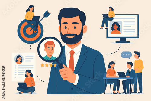 Recruitment Process Concept. HR Manager Evaluating Candidates. Employee Selection, Job Interview, Resume Review, Talent Search, Staffing Solutions, Teamwork, Targeted Hiring, Vector Illustration