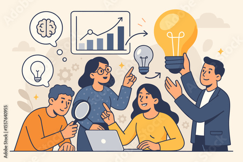 Teamwork brainstorming innovation. Business people analyzing data, generating new ideas, replacing old concepts. Creative collaboration, growth chart, lightbulb, teamwork, research, solution, success