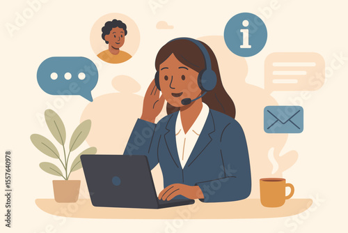 Customer service representative with headset providing live online support, business client assistance, information center, digital communication, helpful guidance, remote help desk concept