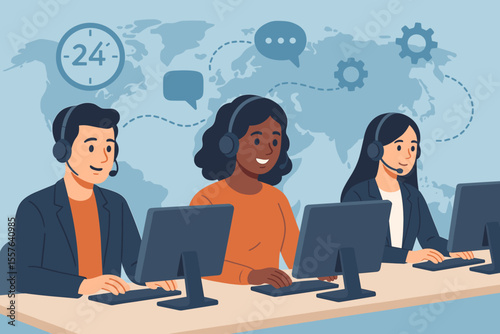 24/7 Customer Service Support Team, Diverse Call Center Operators with Headsets at Computers, Global Online Hotline, Technical Assistance, Communication, Modern Flat Vector Illustration