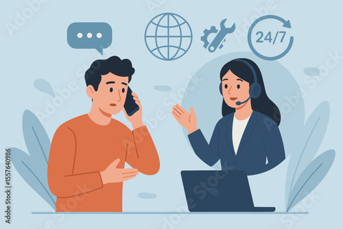 24/7 Customer Service Support Hotline, Technical Assistance, Call Center Operator Advising Client, Online Global Helpdesk, Communication, Consulting, Modern Flat Vector Cartoon Illustration