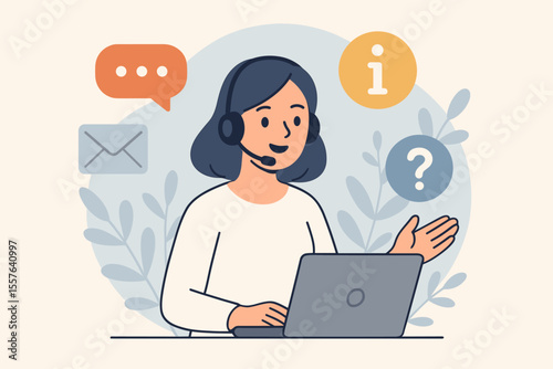 Customer support representative at laptop with headset. Online live chat, email, information, help desk. Business customer service, client assistance, communication, info center, modern flat vector
