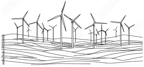 Wind turbines, Wind mill, wind generator energy, single continuous line art drawing. vector