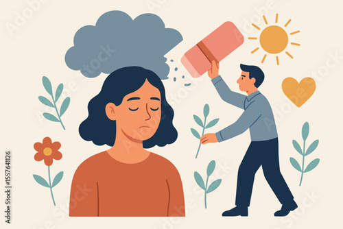Mental health support concept. Man erasing negative thoughts from woman’s mind with giant eraser. Overcoming depression, anxiety, emotional healing. Positive psychology, wellbeing, cartoon vector