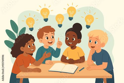 Diverse group of children brainstorming creative ideas, teamwork and collaboration, light bulbs symbolizing innovation, education, problem solving, classroom discussion, finding solutions together