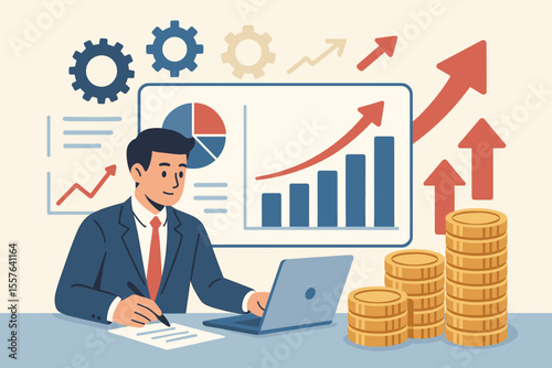 Businessperson Analyzing Financial Data with Charts, Graphs, Coin Stacks, Revenue Growth Arrows, Financial Success, Gears, Office Workspace, Investment, Economic Progress, Profit Strategy