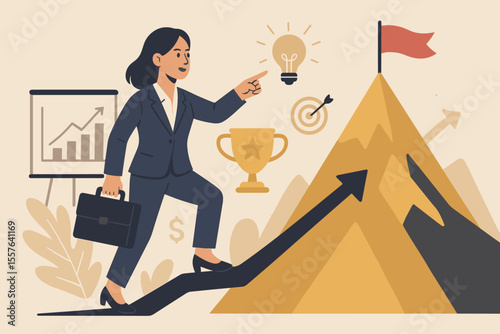 Ambitious businesswoman climbing success mountain, leadership vision, career achievement, business strategy, goal setting, innovation, financial growth, motivation, modern flat vector illustration