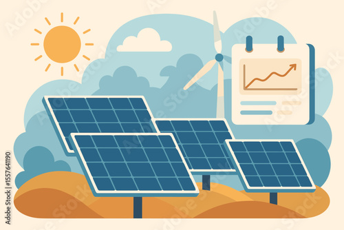 Solar panels and wind turbine generating renewable energy in sunny landscape. Clean energy growth chart. Sustainable technology, green power, eco-friendly electricity, alternative energy sources.