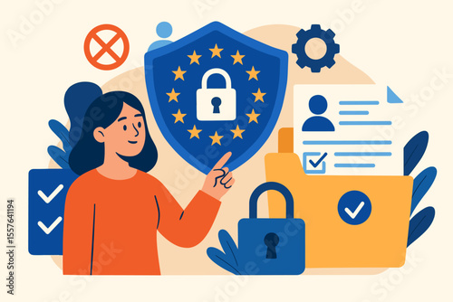 GDPR Data Protection Rules Concept. European Union Personal Data Security, Privacy Policy, User Consent, Information Control, Secure File Management, Digital Compliance, Modern Flat Illustration
