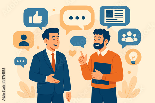 Business Communication Collaboration Concept. Two businessmen discussing social network, news, teamwork, chat, dialogue, speech bubbles, new projects. Modern flat vector cartoon illustration