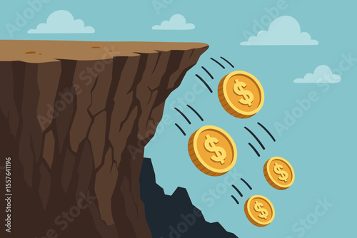 Economic crisis concept with gold dollar coins falling off cliff edge. Financial loss, bankruptcy, investment risk, money downfall, recession metaphor. Vector cartoon illustration, no text.