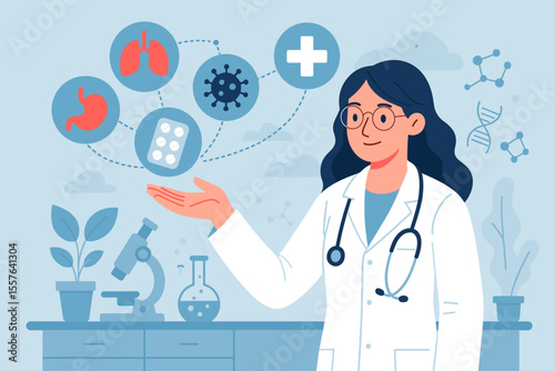 Female Doctor in Laboratory with Medical Icons, Healthcare Research and Disease Treatment, Modern Medicine Technology, Patient Care, Virus, Lungs, Stomach, Pills, Healthcare Innovation Concept