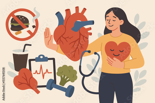 Heart Health Care Concept. Female Doctor Promoting Healthy Lifestyle. Prevent Heart Disease. No Smoking or Junk Food. Exercise, Nutrition, Medical Checkup, Cardiology Awareness, Wellness Education