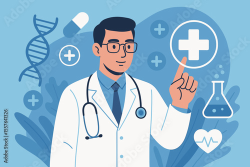 Medical doctor with stethoscope interacting with digital healthcare icons, DNA helix, medical cross, science research symbols, health insurance, diagnosis, modern medicine technology concept